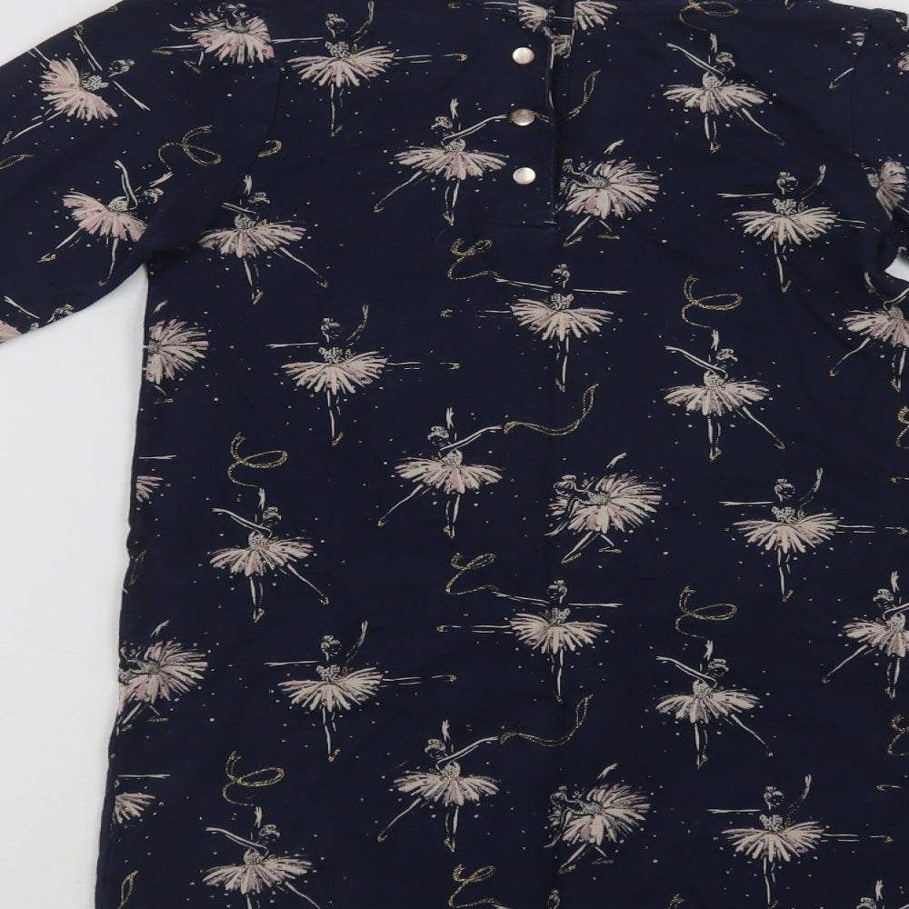 Lulurain Girls Blue Geometric Cotton A-Line  Size 7-8 Years  Crew Neck Button - Ballerina Print