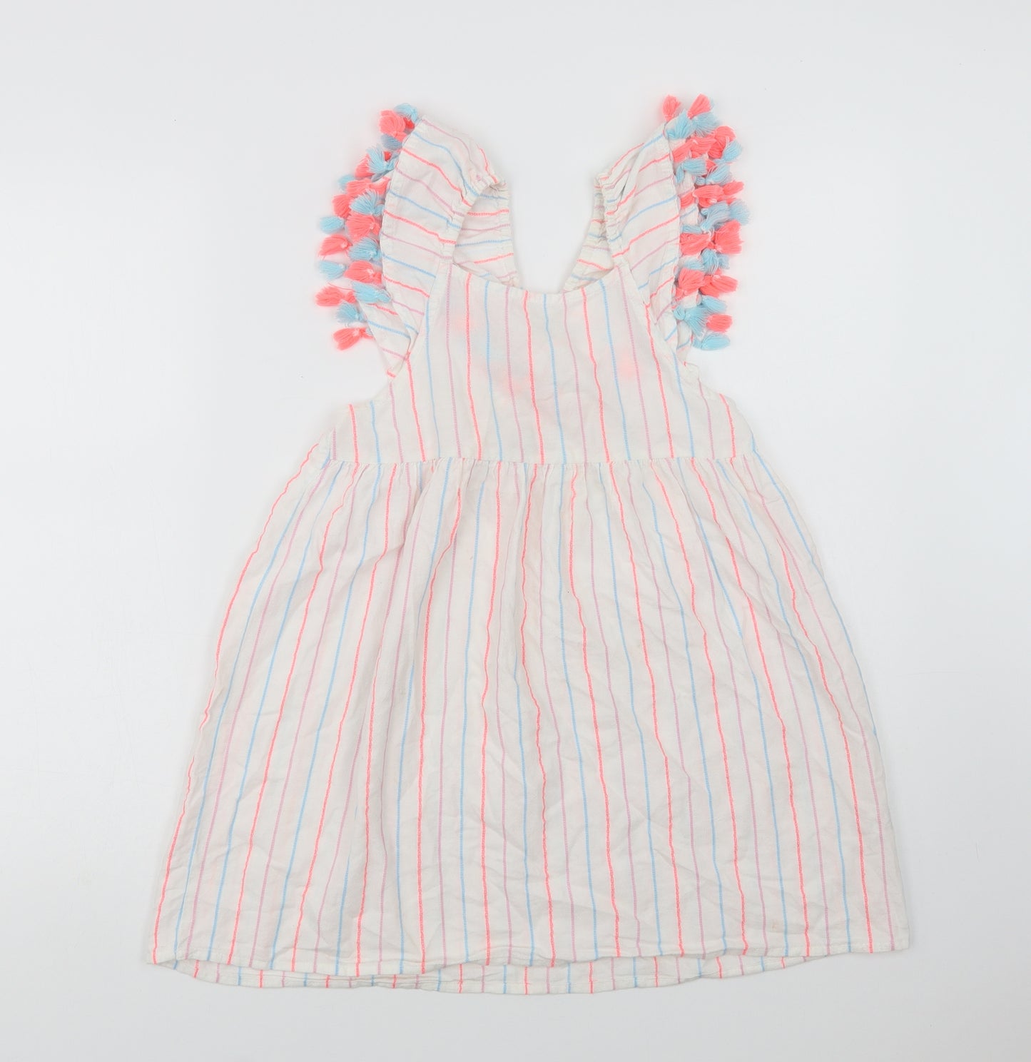 Crafted Girls White Striped Cotton A-Line  Size 7-8 Years  Square Neck