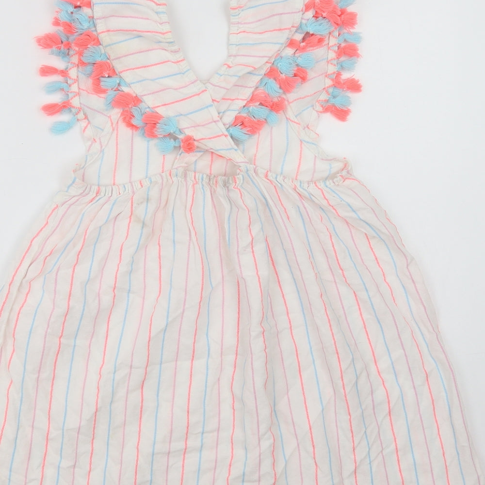 Crafted Girls White Striped Cotton A-Line  Size 7-8 Years  Square Neck