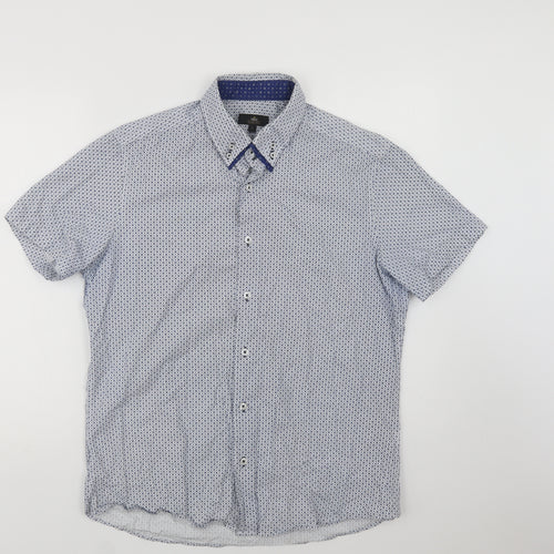 NEXT Mens Blue Geometric Cotton  Button-Up Size L Collared Button