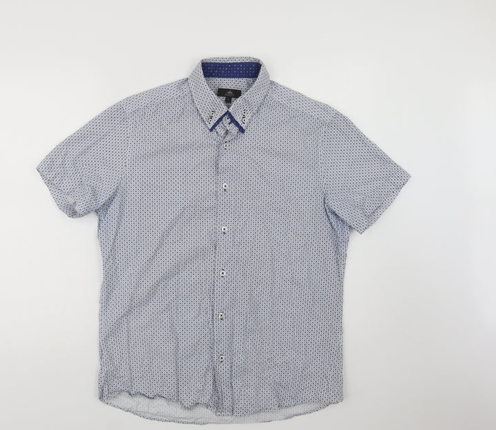 NEXT Mens Blue Geometric Cotton  Button-Up Size L Collared Button