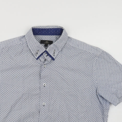 NEXT Mens Blue Geometric Cotton  Button-Up Size L Collared Button