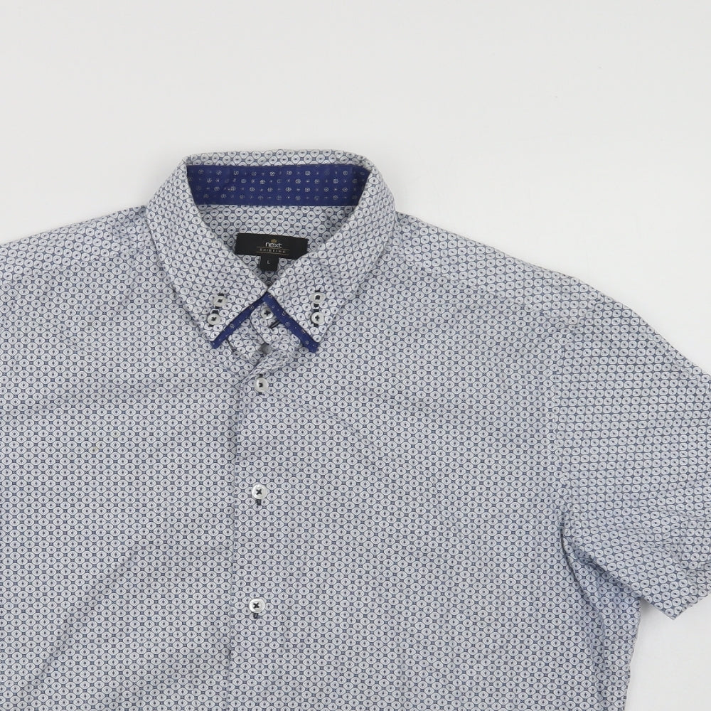 NEXT Mens Blue Geometric Cotton  Button-Up Size L Collared Button