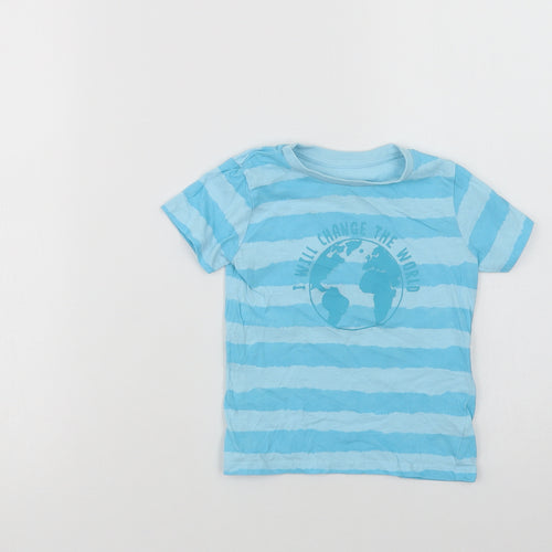 Dunnes Stores Baby Blue Striped Cotton Basic T-Shirt Size 18-24 Months Crew Neck  - Change The World