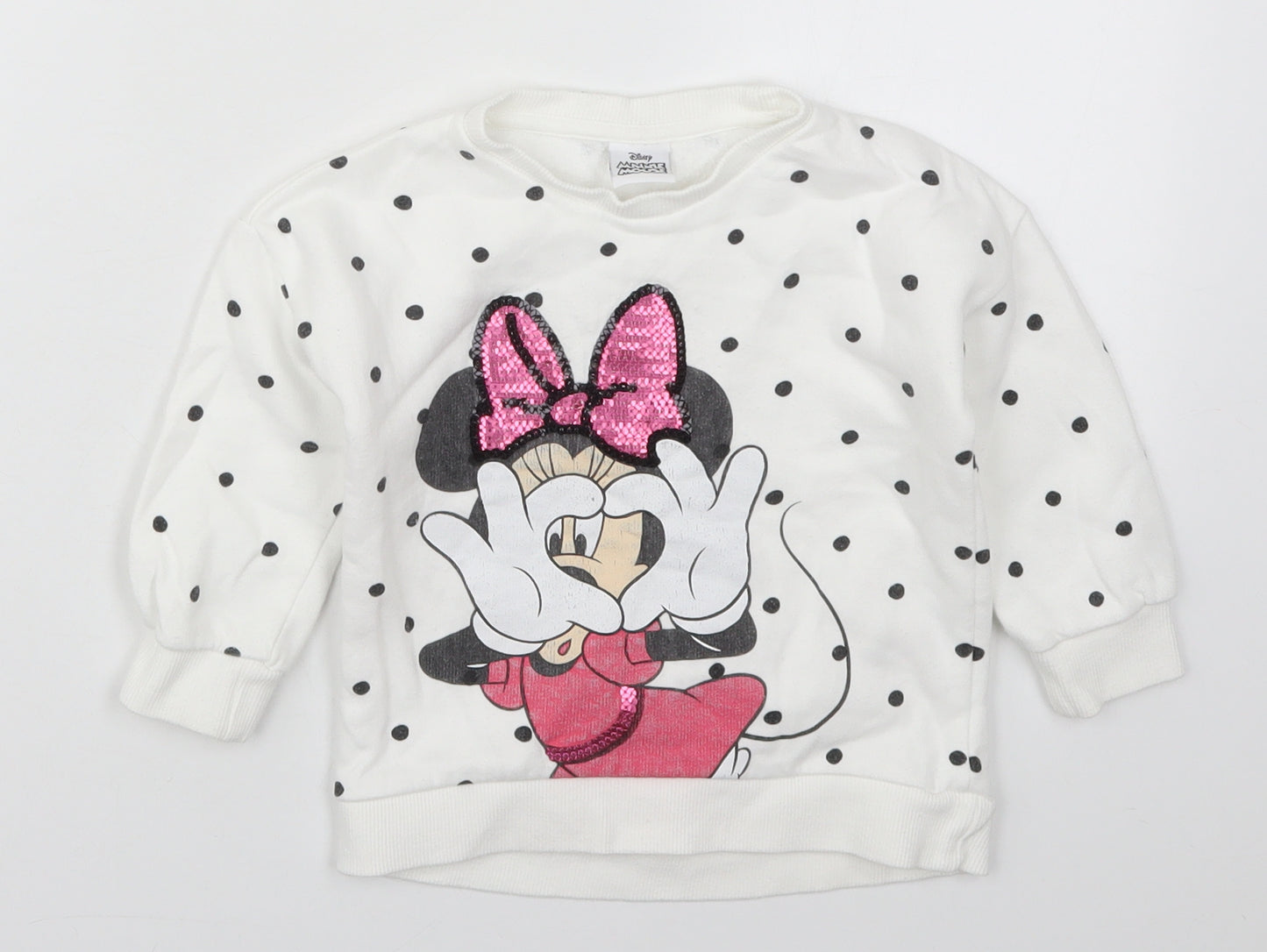 F&F Girls White Polka Dot Cotton Basic T-Shirt Size 18-24 Months Crew Neck Pullover - Minnie Mouse