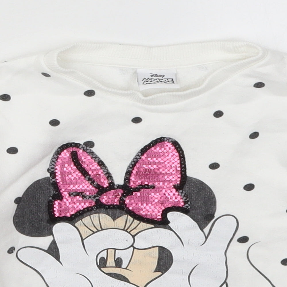 F&F Girls White Polka Dot Cotton Basic T-Shirt Size 18-24 Months Crew Neck Pullover - Minnie Mouse