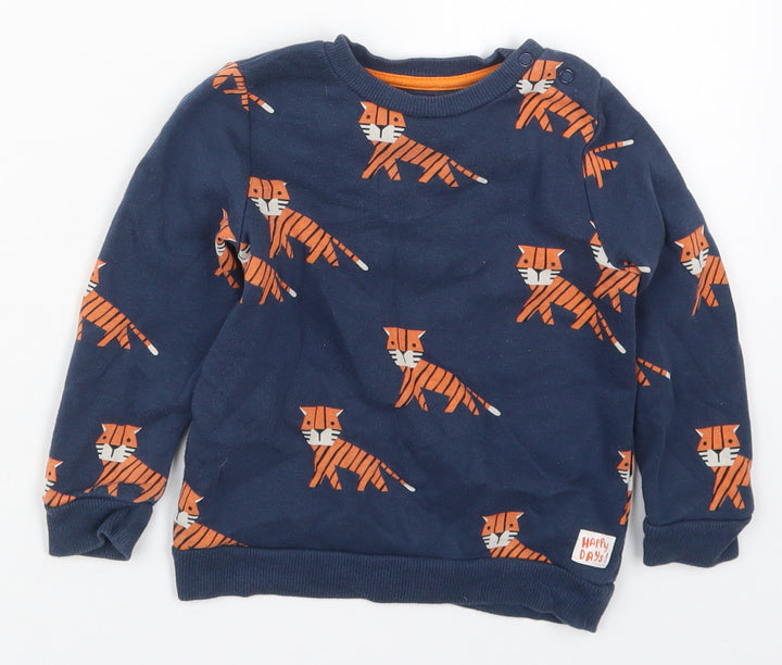 F&F Boys Beige Cotton Basic T-Shirt Size 18-24 Months Crew Neck Pullover - Tiger