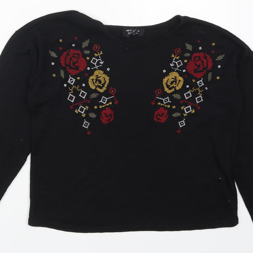 New Look Girls Black  Polyester Basic T-Shirt Size 14-15 Years Crew Neck Pullover - Abstract