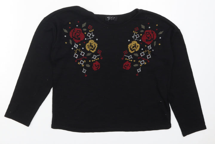 New Look Girls Black  Polyester Basic T-Shirt Size 14-15 Years Crew Neck Pullover - Abstract