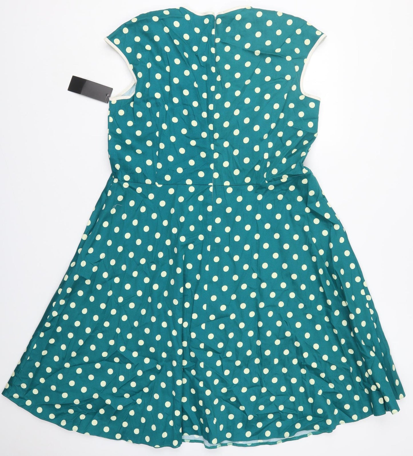 Lady London Womens Green Polka Dot Cotton Skater Dress  Size 24  V-Neck Zip