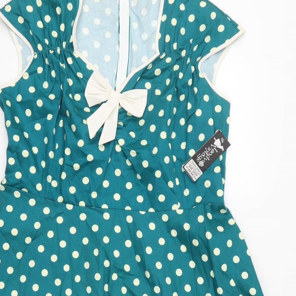 Lady London Womens Green Polka Dot Cotton Skater Dress  Size 24  V-Neck Zip