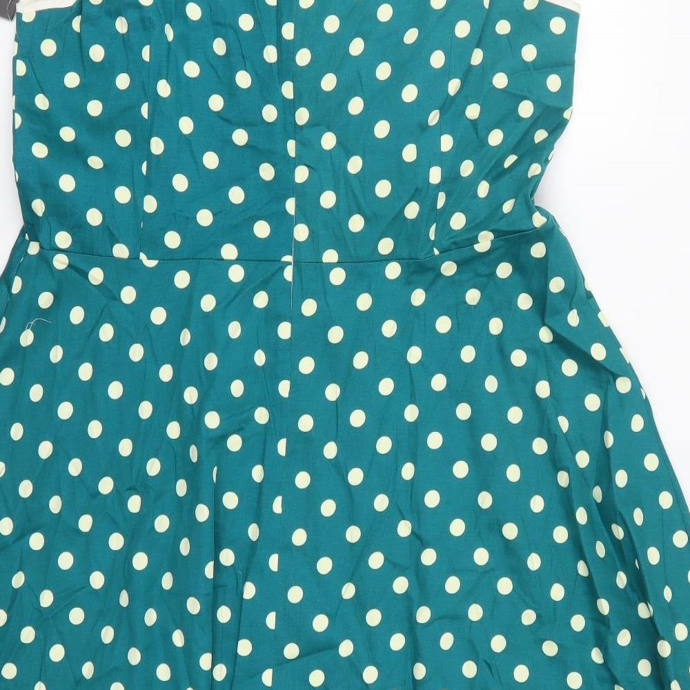 Lady London Womens Green Polka Dot Cotton Skater Dress  Size 24  V-Neck Zip