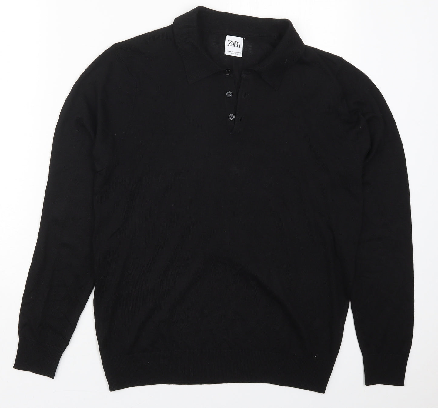 Zara Mens Black  Viscose  Polo Size M Collared Pullover