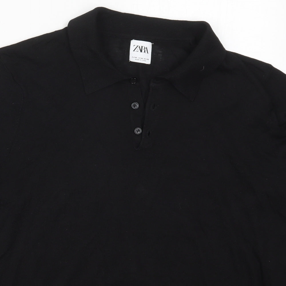 Zara Mens Black  Viscose  Polo Size M Collared Pullover