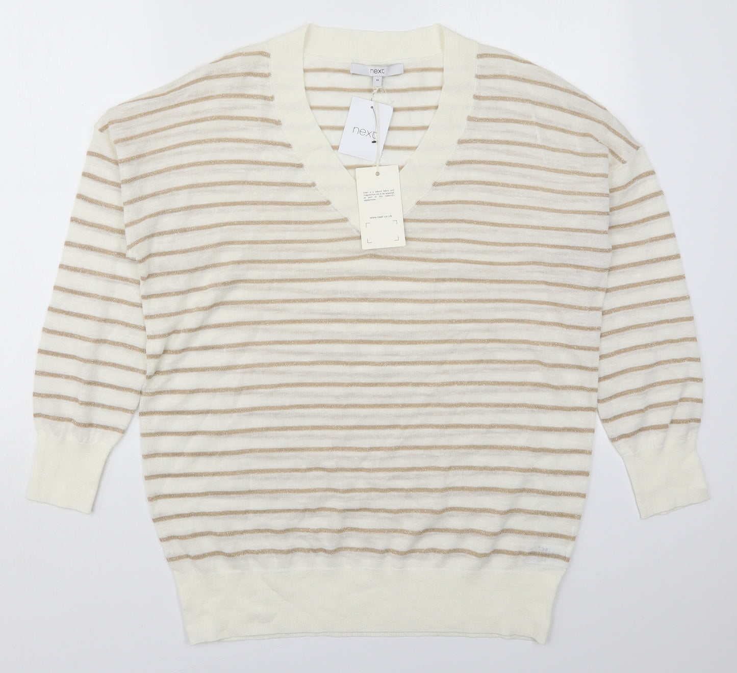 NEXT Womens Ivory V-Neck Striped Acrylic Pullover Jumper Size 14   - Gold