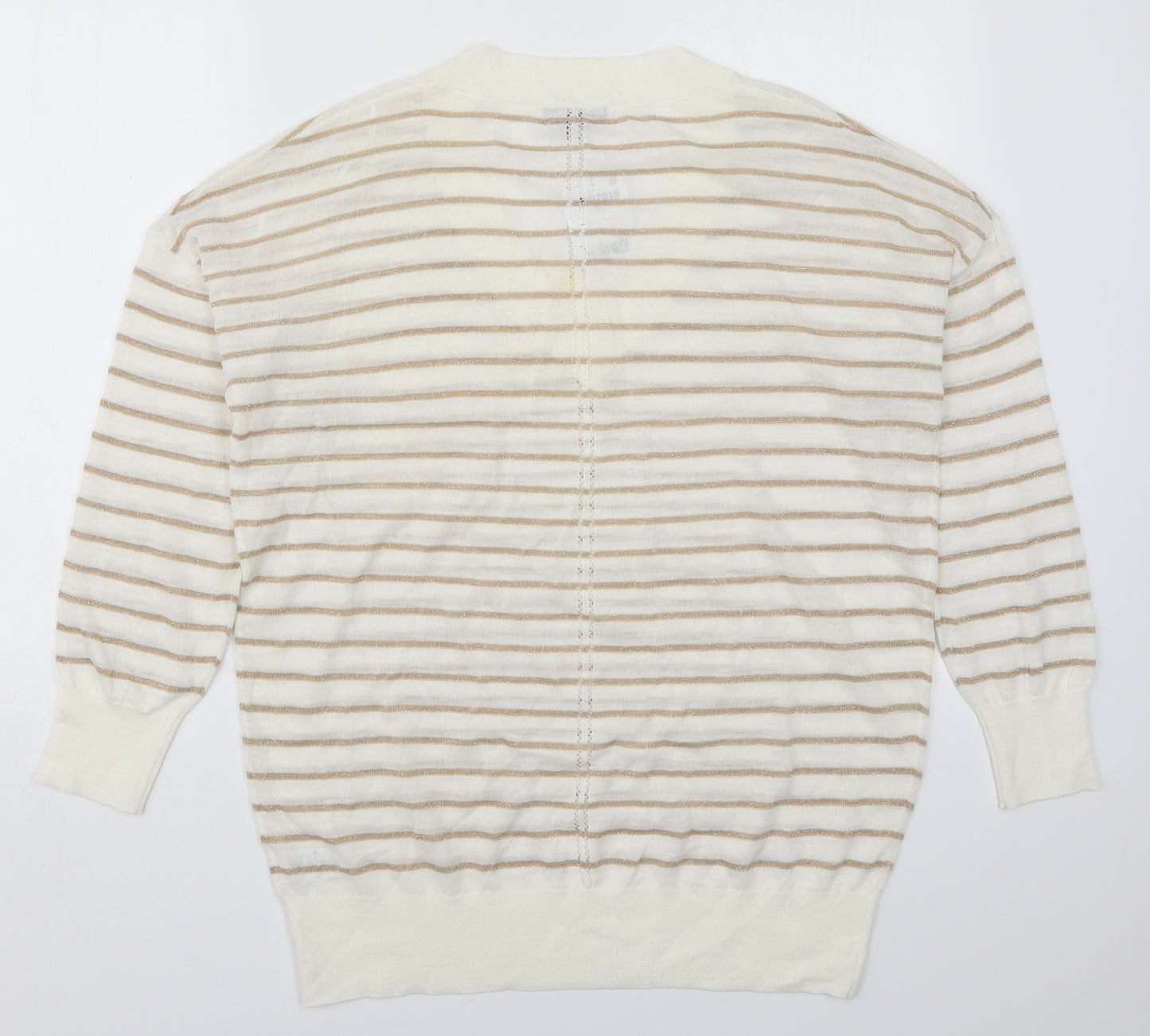 NEXT Womens Ivory V-Neck Striped Acrylic Pullover Jumper Size 14   - Gold