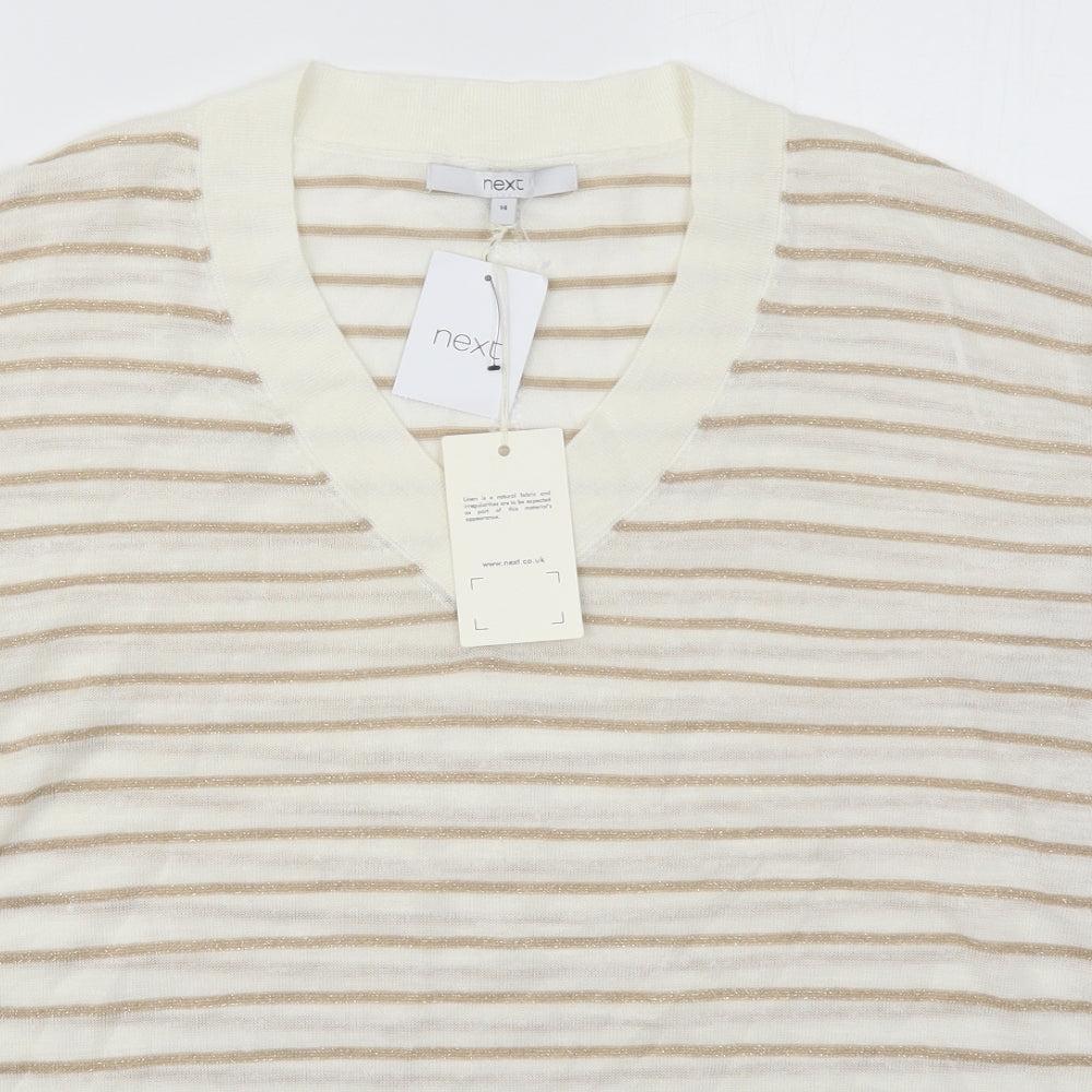 NEXT Womens Ivory V-Neck Striped Acrylic Pullover Jumper Size 14   - Gold
