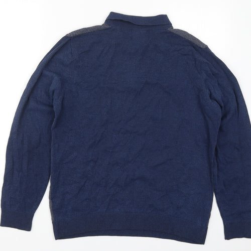 Marks and Spencer Mens Blue Collared Herringbone Cotton Pullover Jumper Size M