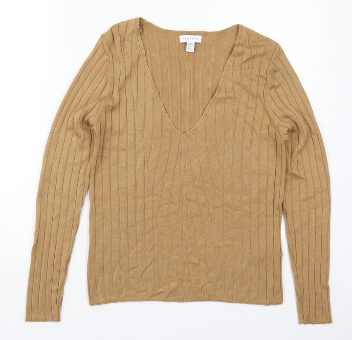Topshop Womens Brown V-Neck  Acrylic Pullover Jumper Size M