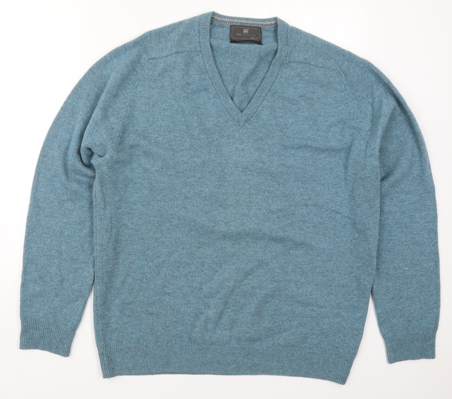 Marks and Spencer Mens Blue V-Neck  Wool Pullover Jumper Size L