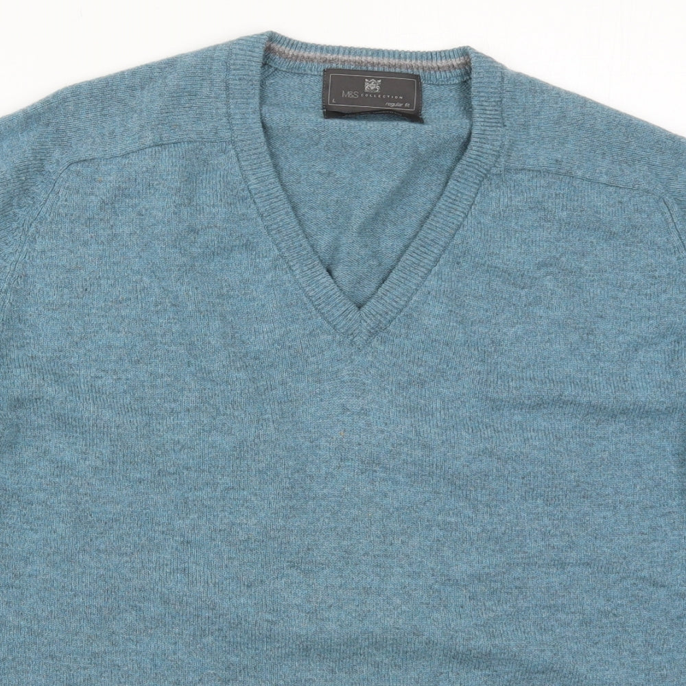 Marks and Spencer Mens Blue V-Neck  Wool Pullover Jumper Size L