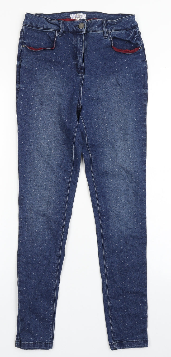Matalan Womens Blue Polka Dot Cotton Skinny Jeans Size 8 L27.5 in Regular Button