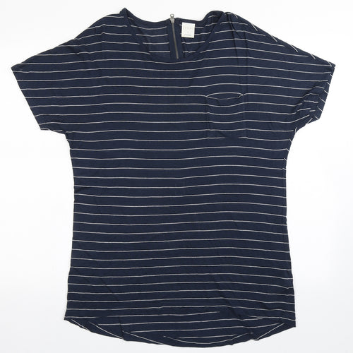 ITEMS` Womens Blue Striped Viscose Basic T-Shirt Size S Roll Neck