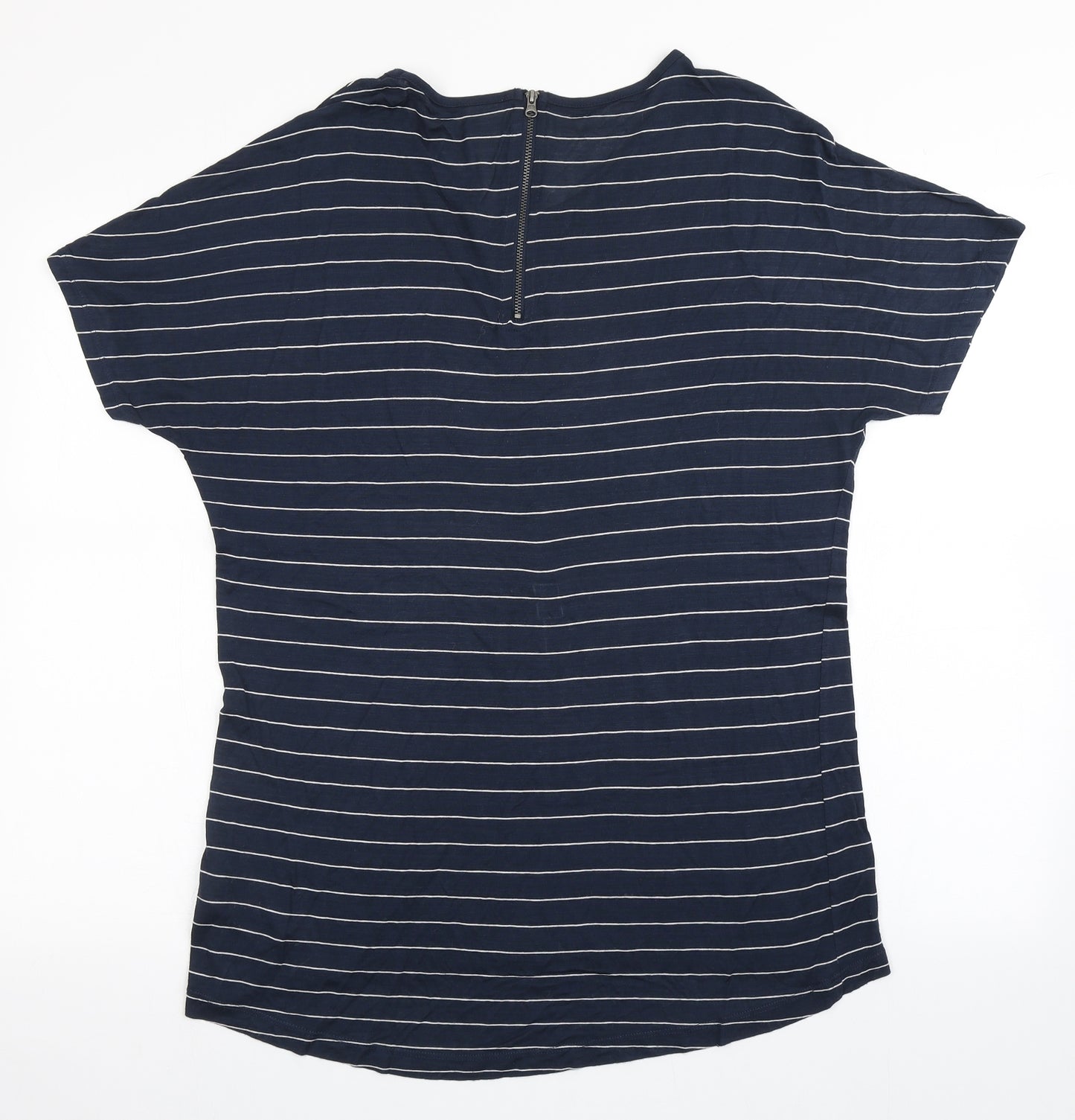 ITEMS` Womens Blue Striped Viscose Basic T-Shirt Size S Roll Neck