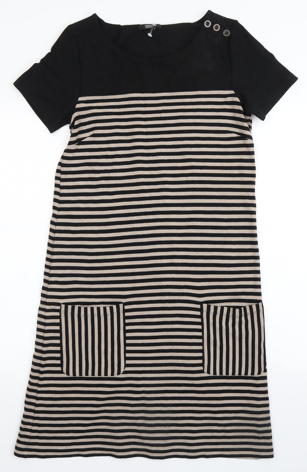 Marks and Spencer Womens Black Striped Viscose A-Line  Size 12  Round Neck Pullover