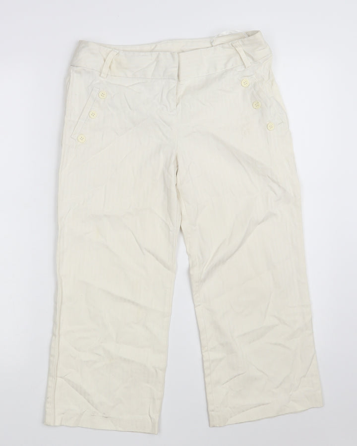 TU Womens White Striped Cotton Cropped Trousers Size 8 L20 in Regular Button