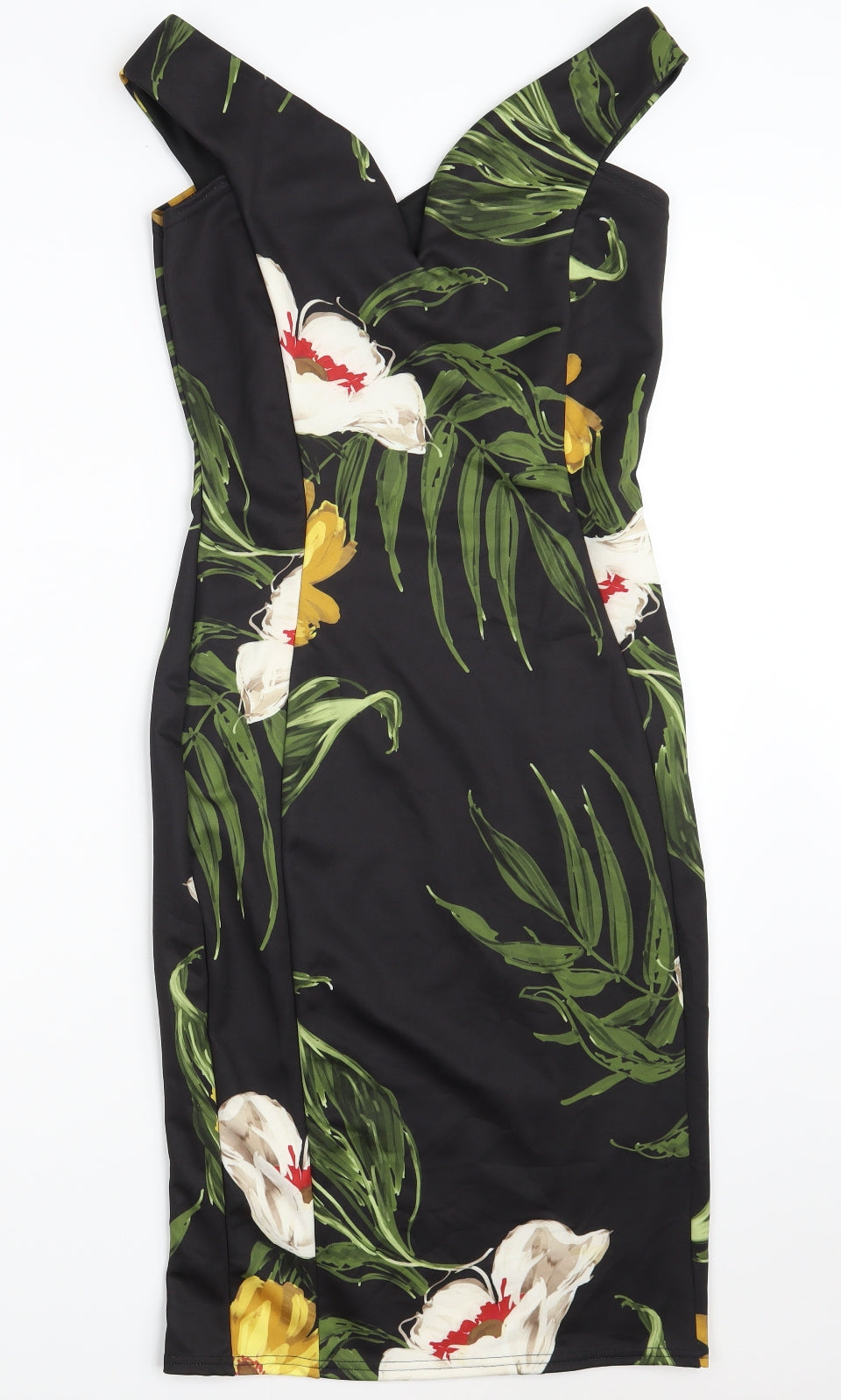 Quiz Womens Black Floral Polyester Bodycon  Size 10  V-Neck