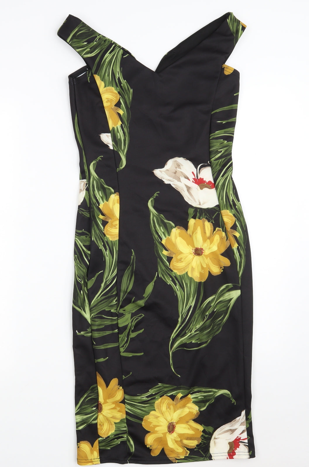 Quiz Womens Black Floral Polyester Bodycon  Size 10  V-Neck