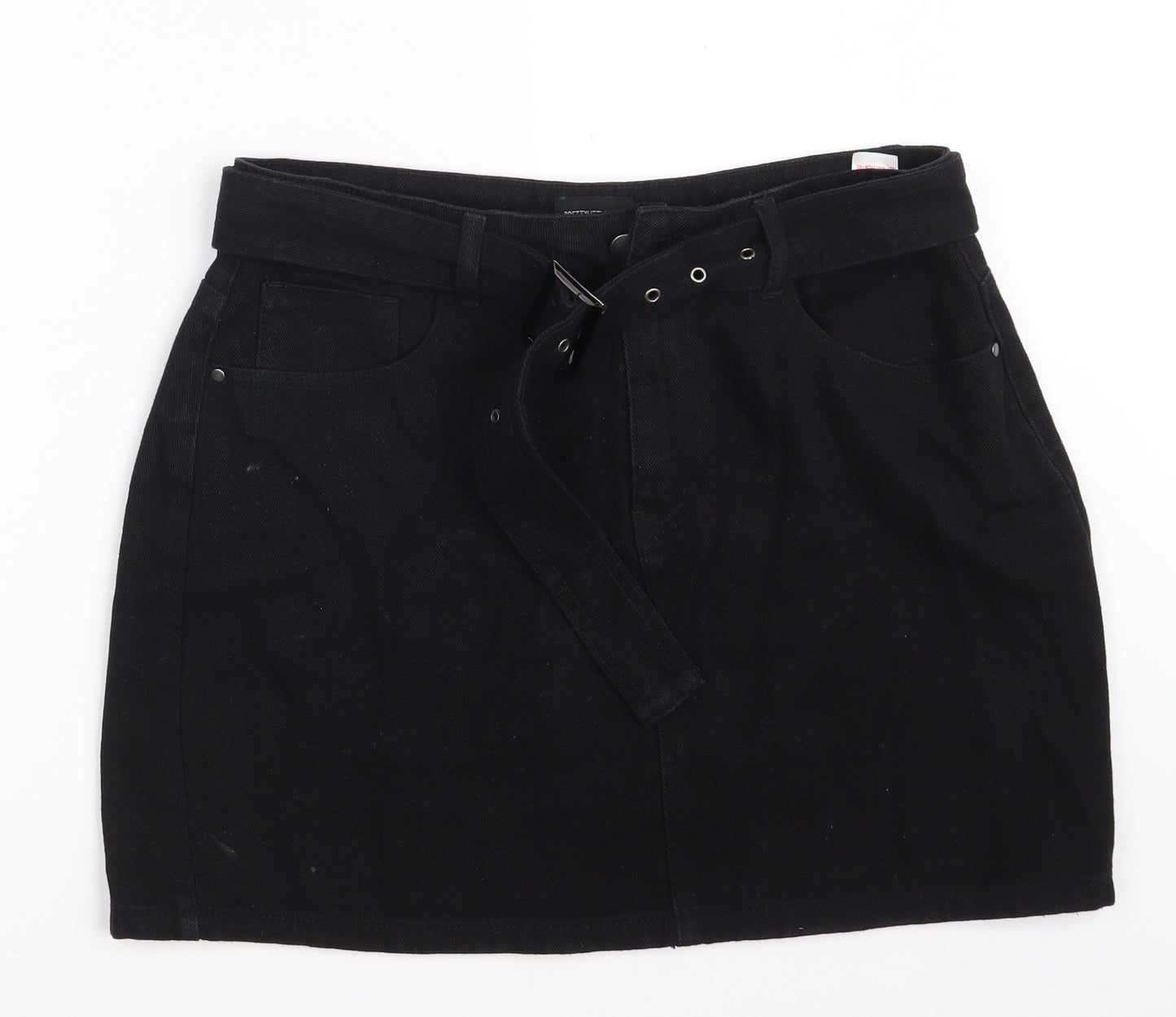 PRETTYLITTLETHING Womens Black  Cotton Mini Skirt Size 14   Zip - Belted