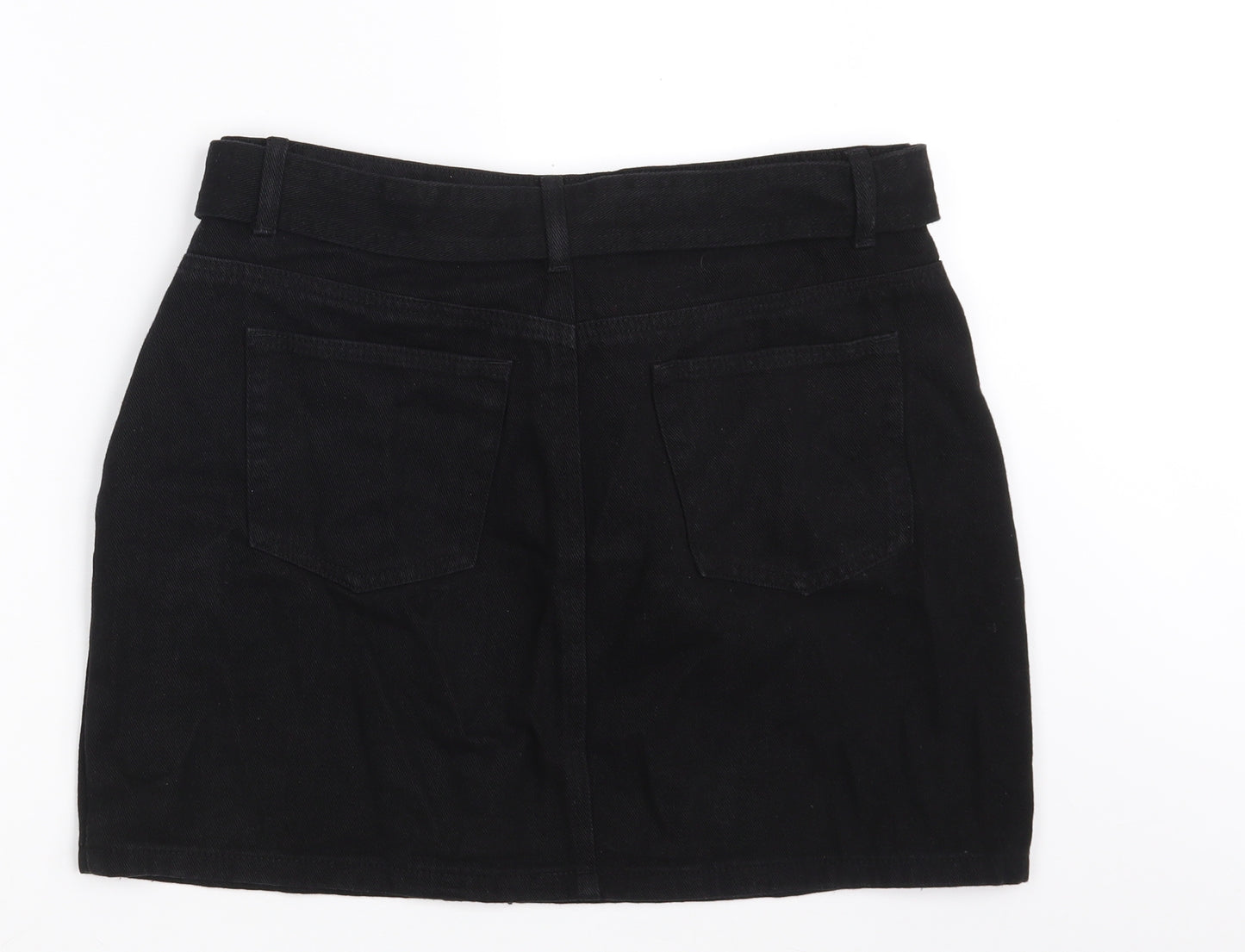 PRETTYLITTLETHING Womens Black  Cotton Mini Skirt Size 14   Zip - Belted