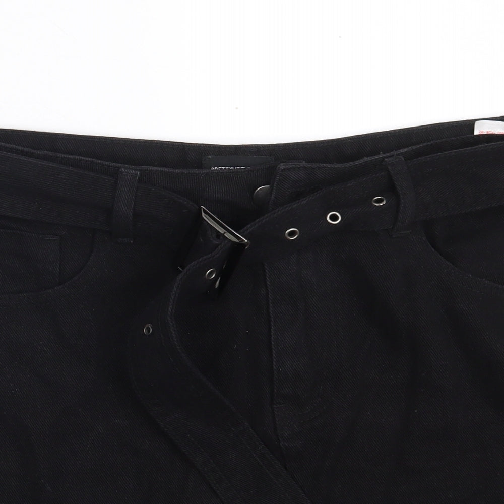 PRETTYLITTLETHING Womens Black  Cotton Mini Skirt Size 14   Zip - Belted