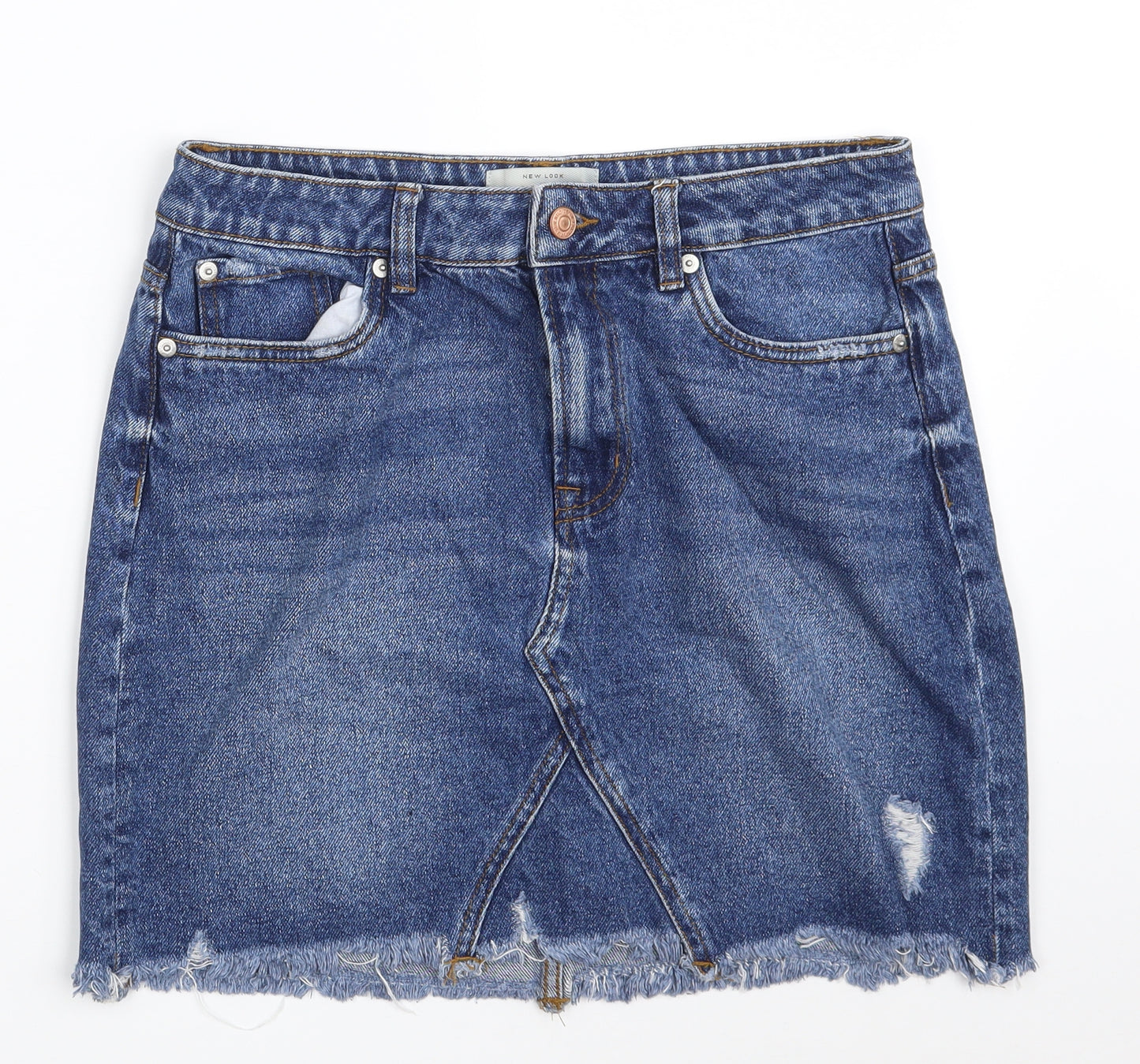 New Look Womens Blue  Cotton A-Line Skirt Size 12   Zip - Distressed