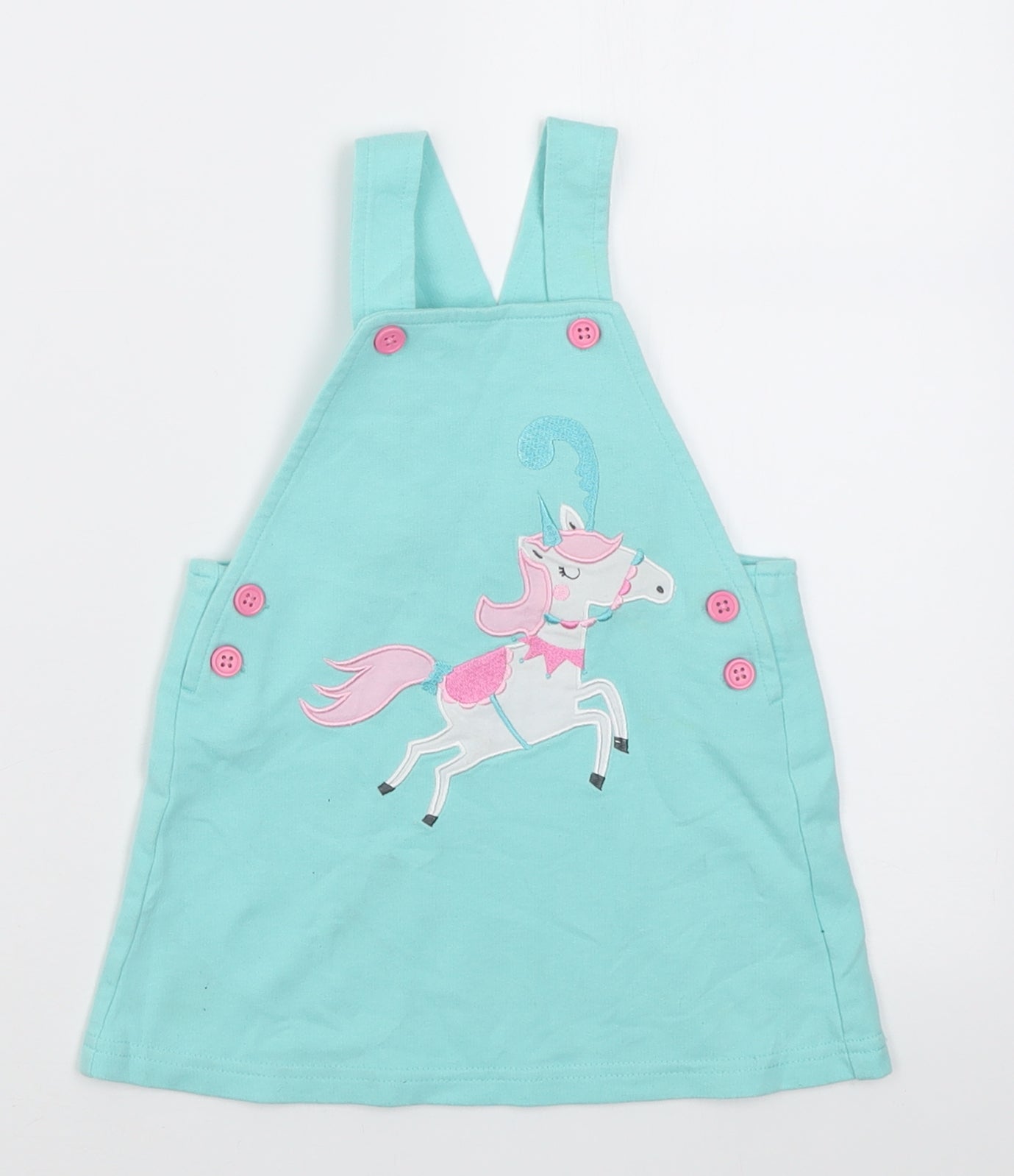 Studio Girls Blue  Cotton Pinafore/Dungaree Dress  Size 12-18 Months  Square Neck Button - Unicorn