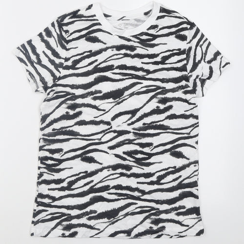 Primark Womens White Animal Print Cotton Basic T-Shirt Size 4 Crew Neck