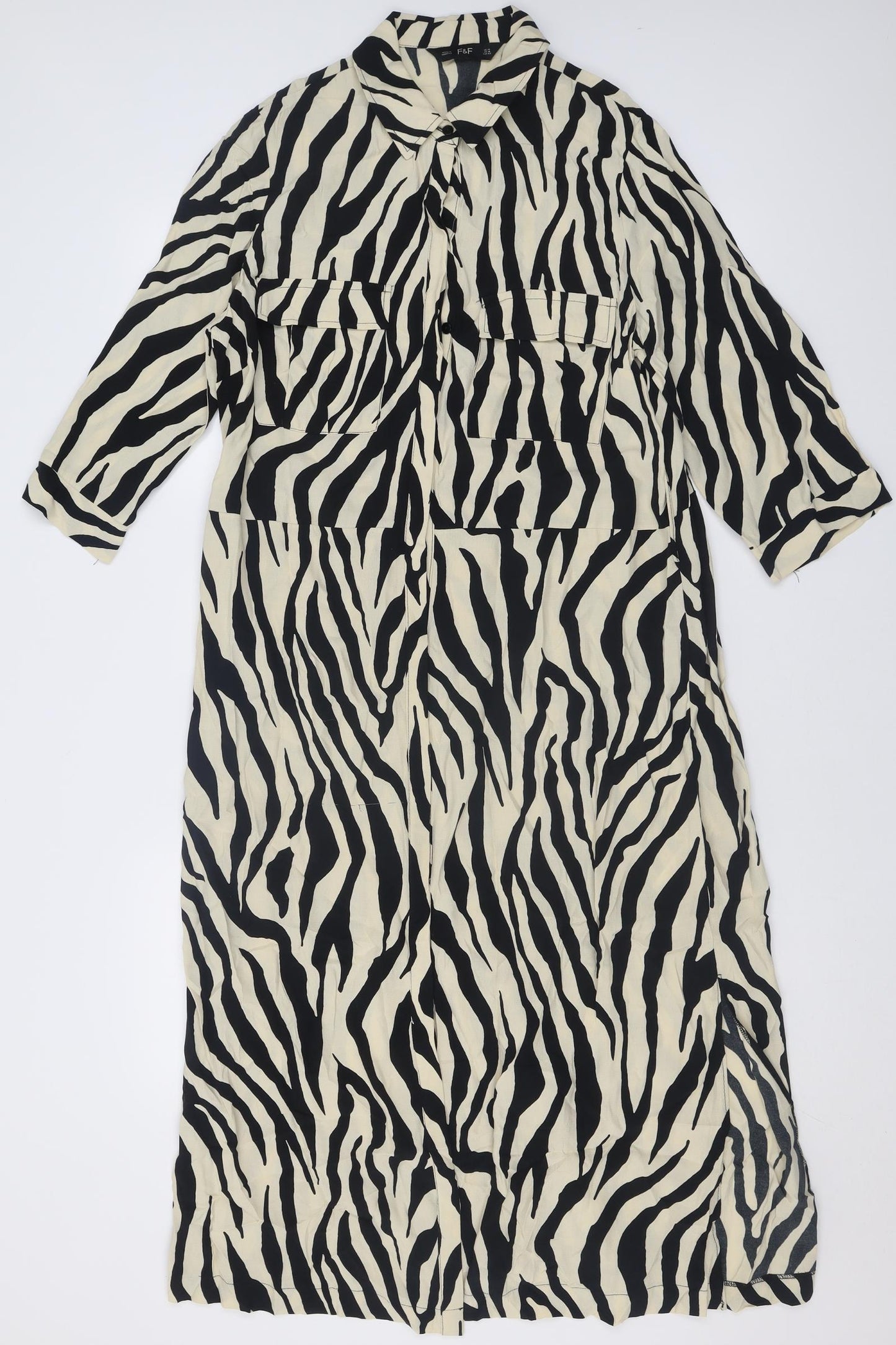 F&F Womens Beige Animal Print Viscose Shirt Dress  Size 14  Collared Button
