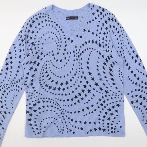 Marks and Spencer Womens Blue V-Neck Geometric Acrylic Pullover Jumper Size 14