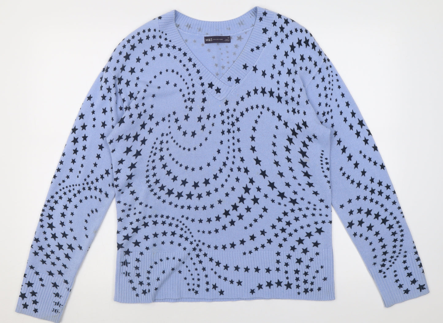 Marks and Spencer Womens Blue V-Neck Geometric Acrylic Pullover Jumper Size 14