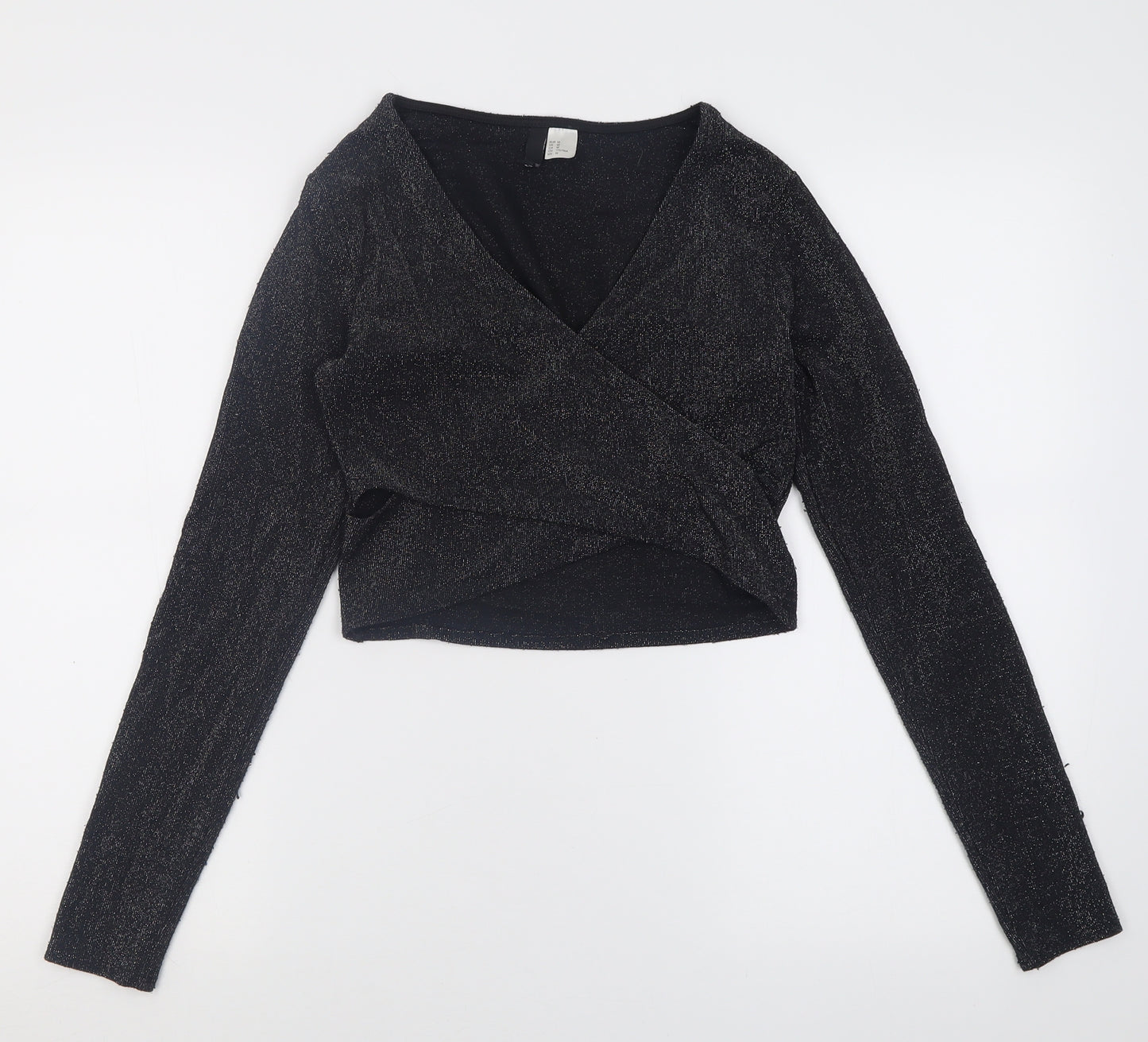 H&M Womens Black  Polyamide Cropped Blouse Size M V-Neck
