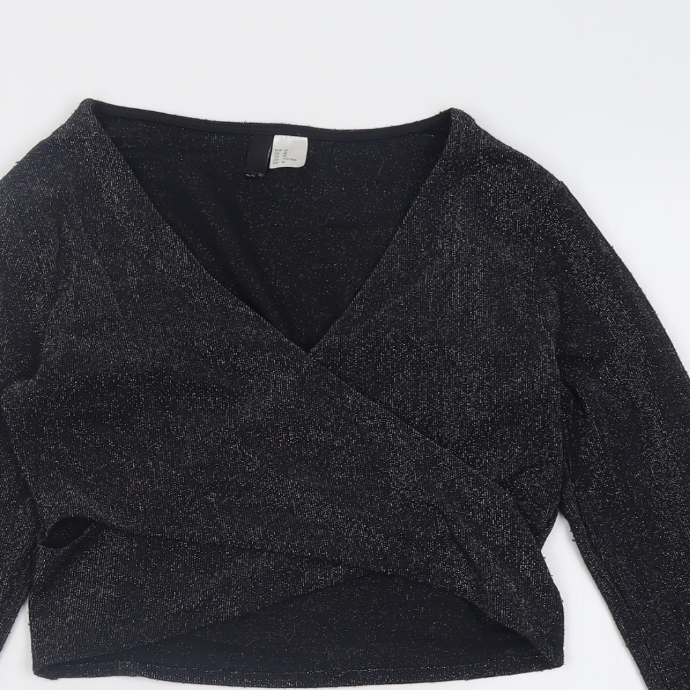 H&M Womens Black  Polyamide Cropped Blouse Size M V-Neck