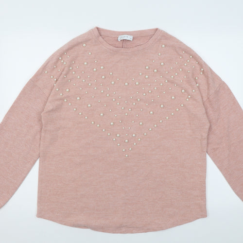 Papaya Womens Pink Crew Neck Fair Isle Polyester Pullover Jumper Size 14