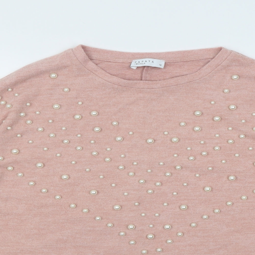 Papaya Womens Pink Crew Neck Fair Isle Polyester Pullover Jumper Size 14