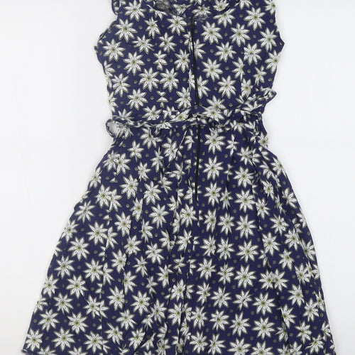 K&D London Womens Blue Floral Viscose A-Line  Size 8  Crew Neck Zip