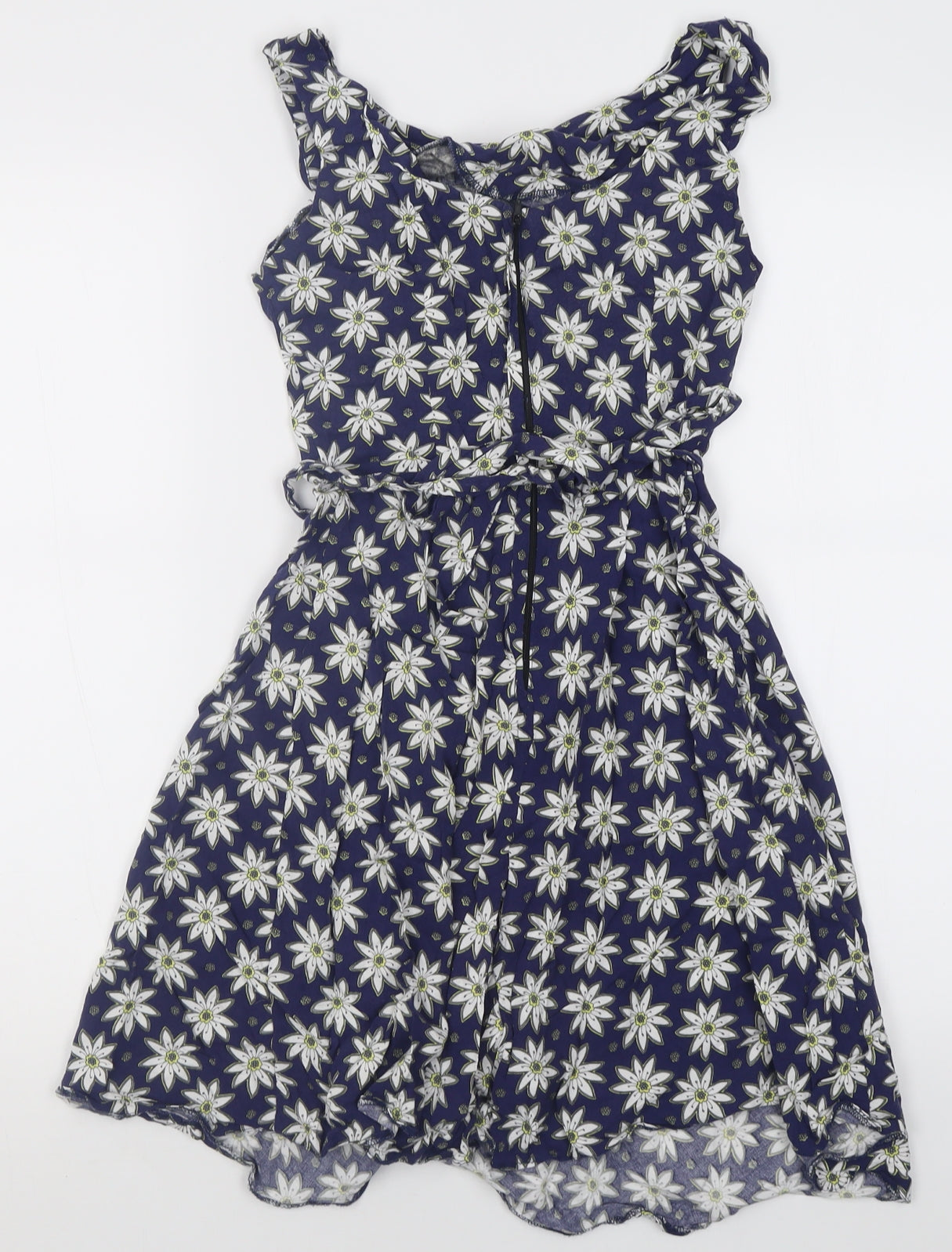K&D London Womens Blue Floral Viscose A-Line  Size 8  Crew Neck Zip