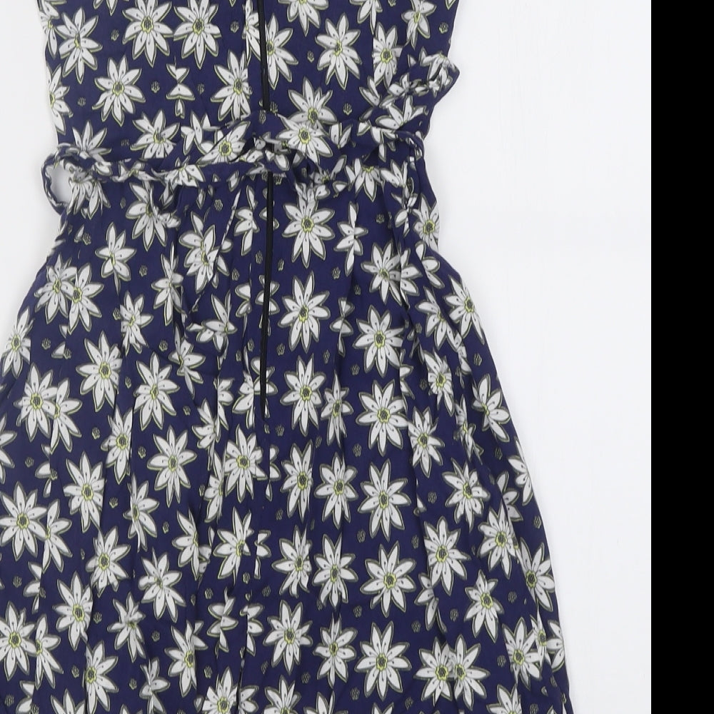 K&D London Womens Blue Floral Viscose A-Line  Size 8  Crew Neck Zip