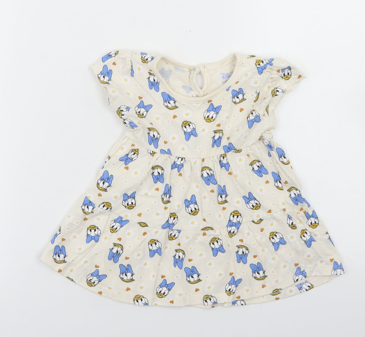 Primark Girls Beige Floral Cotton T-Shirt Dress  Size 6-9 Months  Crew Neck Button - Daisy Duck