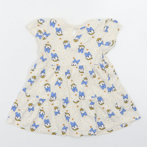Primark Girls Beige Floral Cotton T-Shirt Dress  Size 6-9 Months  Crew Neck Button - Daisy Duck
